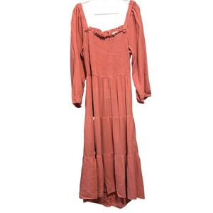 beach lunch lounge Pink Gauze Smocked Square Neck Tiered Midi Dress L  open back